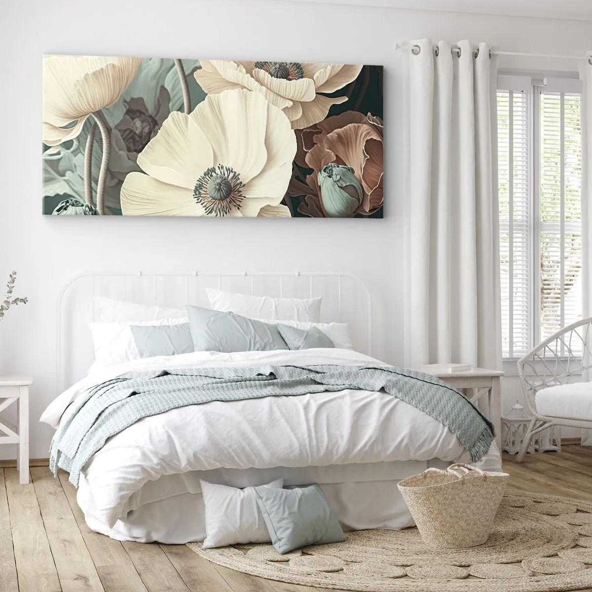 Impression sur toile - Image sur toile - Fleurs élégantes aux tons pastel sur fond vert - 160x50cm - Le murmure des coquelicots - Décoration murale moderne pour le salon et la chambre ARTTOR