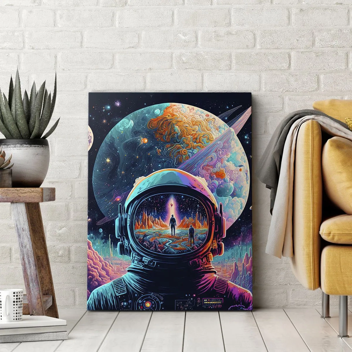 Impression sur toile - Image sur toile - Astronaute dans l'espace avec un paysage planétaire coloré - 50x70cm - Les philosophes n'en ont pas rêvé - Décoration murale moderne pour le salon et la chambre ARTTOR
