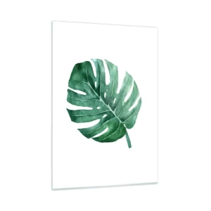 Impression sur verre - Image sur verre - Feuille de monstera verte sur fond blanc - 50x70cm - Concept vert - Décoration murale moderne pour le salon et la chambre ARTTOR