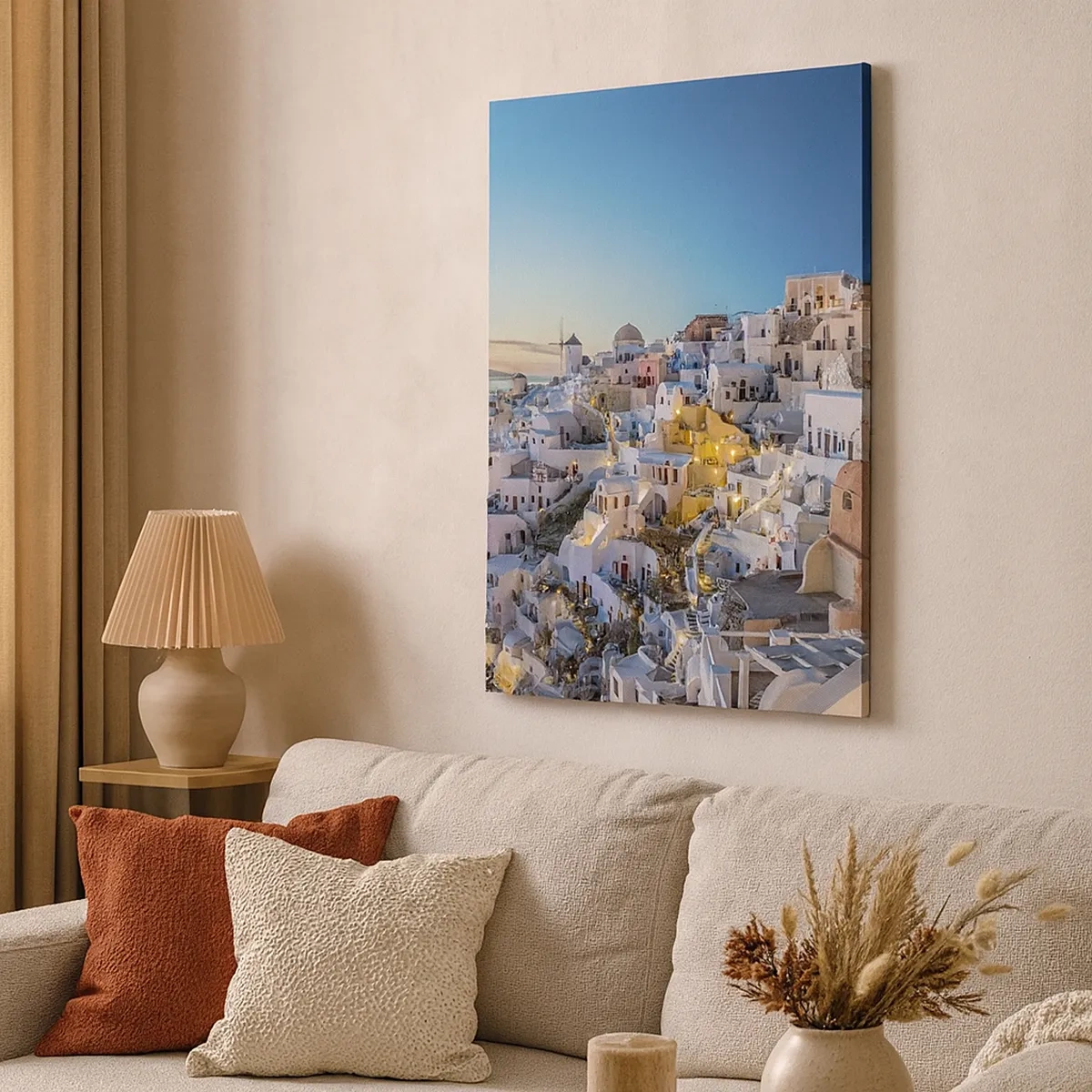 Impression sur toile - Image sur toile - Vue d'une ville grecque au coucher du soleil - 50x70cm - L'essence de la grecque - Décoration murale moderne pour le salon et la chambre ARTTOR