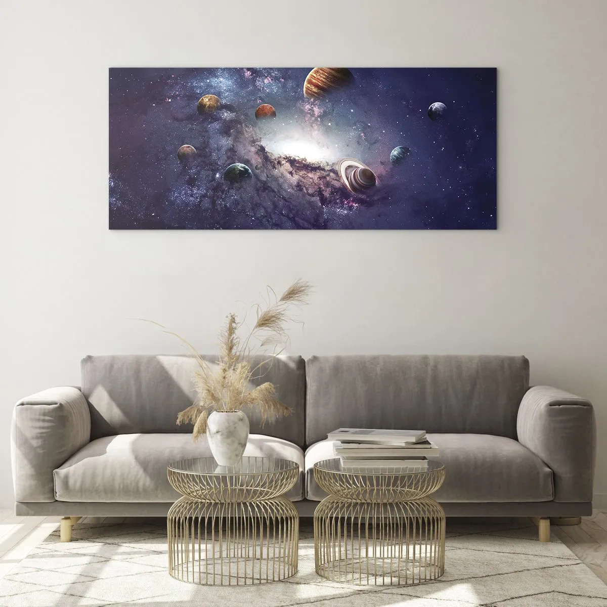 Impression sur verre - Image sur verre - Planètes dans une galaxie avec une nébuleuse en arrière-plan - 120x50cm - Système de danse solaire - Décoration murale moderne pour le salon et la chambre ARTTOR