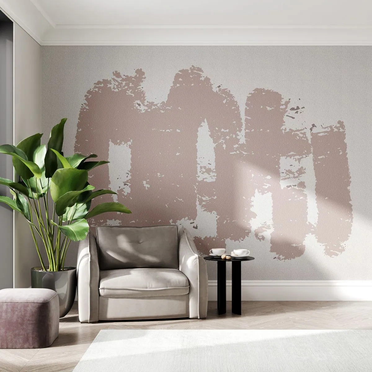Papier Peint Photo Premium Sand - Traits abstraits beiges et roses sur fond blanc - 100x70cm - Abstraction en rose tendre - Décoration murale moderne pour le salon et la chambre ARTTOR