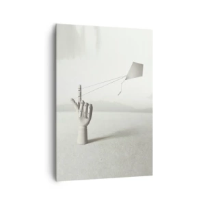 Impression sur toile - Image sur toile - Une main en bois minimaliste avec un cerf-volant sur un fond de paysage. - 70x100cm - Épreuve de force - Décoration murale moderne pour le salon et la chambre ARTTOR