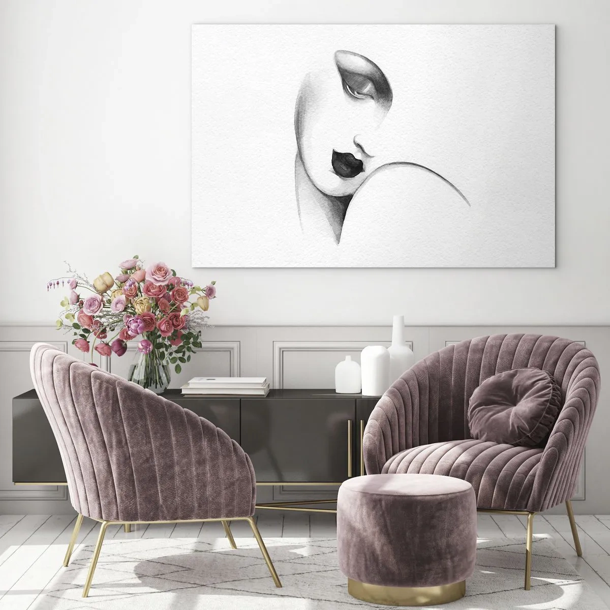 Impression sur verre - Image sur verre - Croquis Art déco d'un visage de femme en noir et blanc - 70x50cm - Dans le style de Lempicka - Décoration murale moderne pour le salon et la chambre ARTTOR