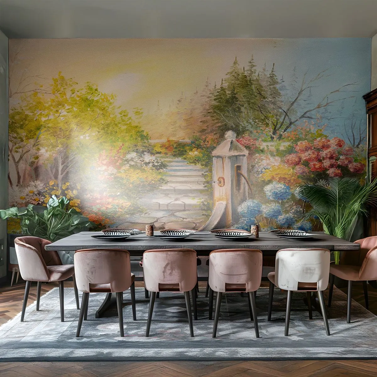Papier Peint Photo Premium Sand - Un charmant jardin avec un chemin en pierre et une ancienne pompe à eau - 100x70cm - En pleine floraison - Décoration murale moderne pour le salon et la chambre ARTTOR