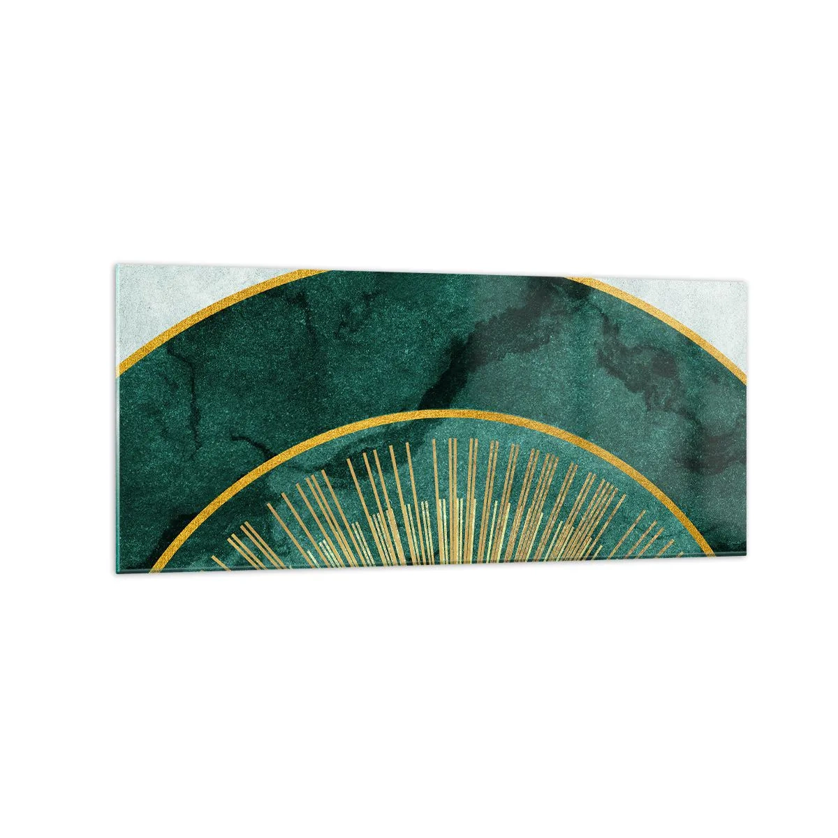 Impression sur verre - Image sur verre - Motif abstrait avec des cercles aux couleurs émeraude et or. - 120x50cm - Un autre système solaire - Décoration murale moderne pour le salon et la chambre ARTTOR