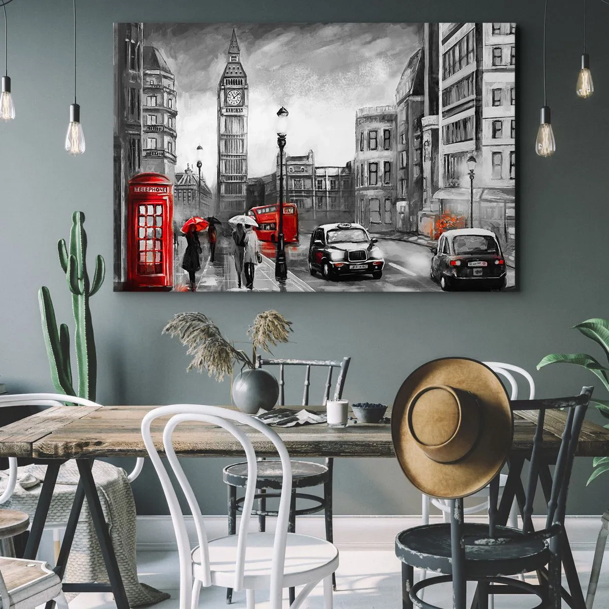 Impression sur toile - Image sur toile - Une scène londonienne en noir et blanc avec des accents rouges - 100x70cm - Pas du tout une ville grise - Décoration murale moderne pour le salon et la chambre ARTTOR