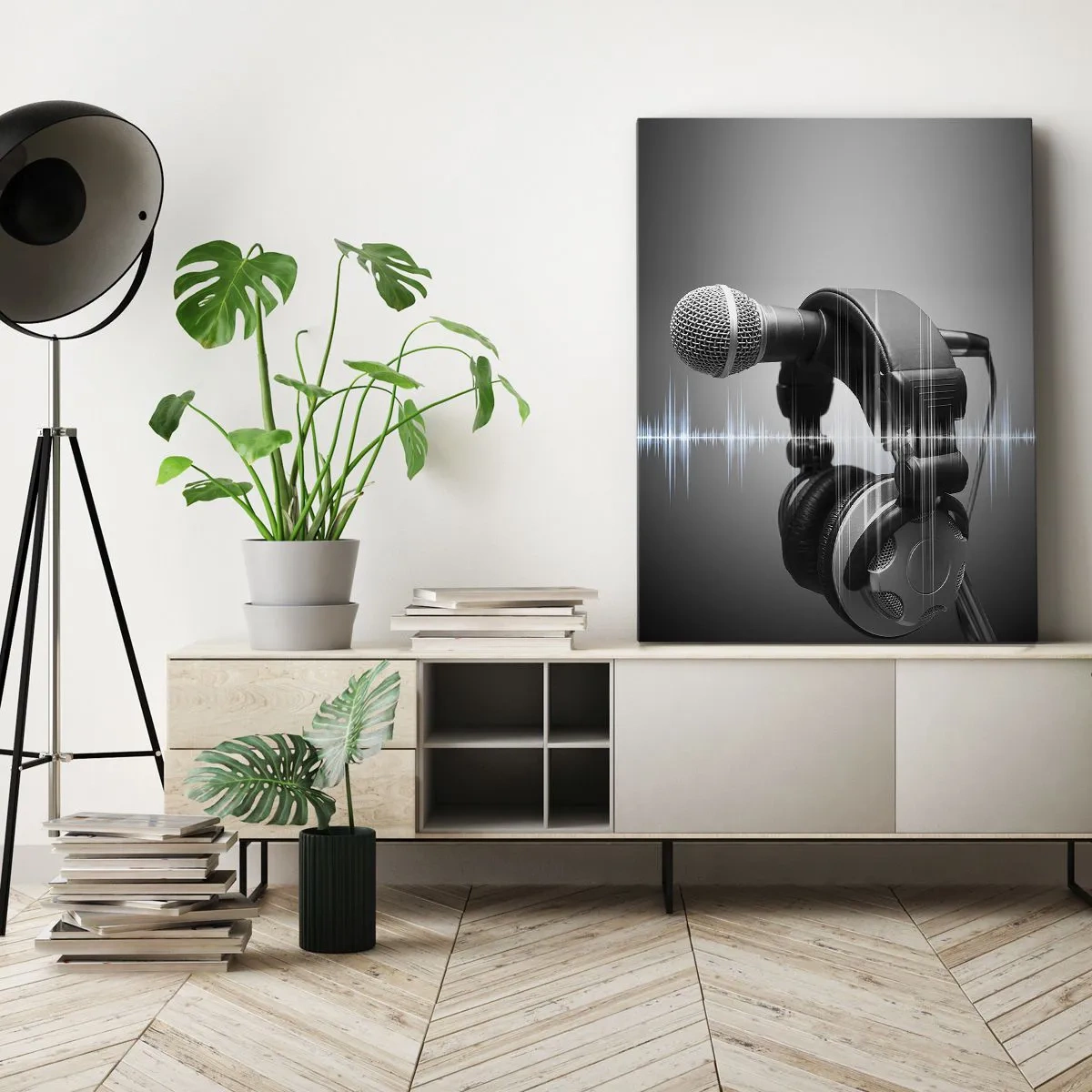 Impression sur toile - Image sur toile - Microphone et casque avec visualisation des ondes sonores en arrière-plan - 50x70cm - Vous pouvez encore entendre son chant - Décoration murale moderne pour le salon et la chambre ARTTOR