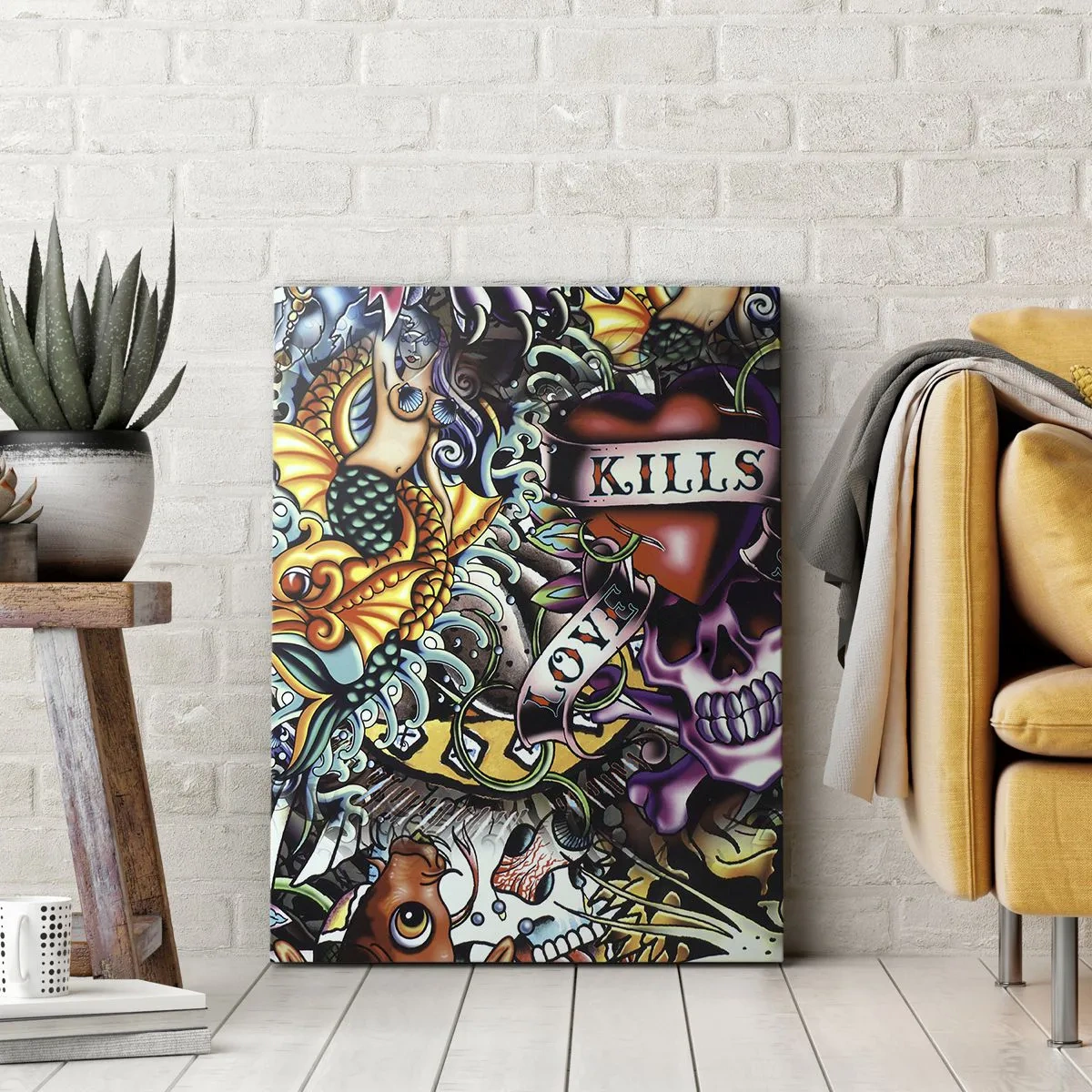 Impression sur toile - Image sur toile - Œuvre d'art colorée de style tatouage avec des crânes et des motifs nautiques - 50x70cm - Le rêve du tatoueur - Décoration murale moderne pour le salon et la chambre ARTTOR