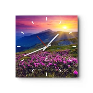 Horloge murale - Pendule murale - Une prairie fleurie avec vue sur les montagnes au coucher du soleil - 30x30cm - … Et autour, ça sent le pin des montagnes et l'odeur de la prairie - Décoration murale moderne pour le salon et la chambre ARTTOR