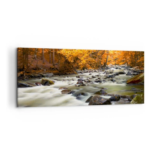 Impression sur toile - Image sur toile - Un ruisseau dans une forêt d'automne entouré de feuilles dorées - 120x50cm - Un ruisseau dans une forêt dorée - Décoration murale moderne pour le salon et la chambre ARTTOR