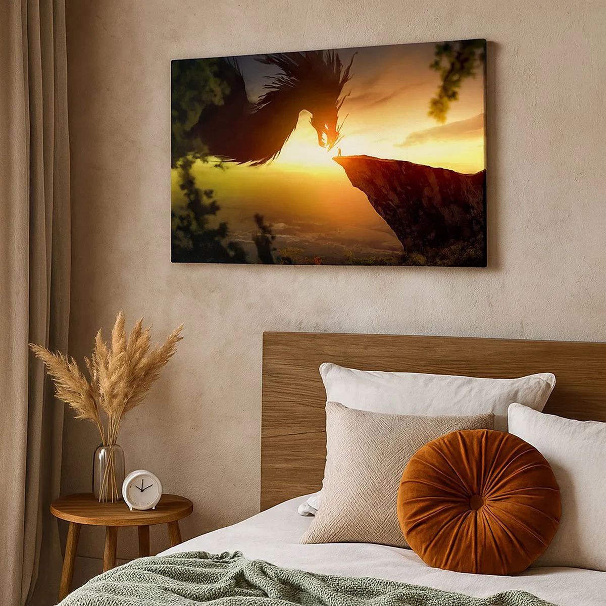 Impression sur toile - Image sur toile - Un dragon et un homme sur un rocher dans la lueur du soleil couchant - 70x50cm - Chasseur de dragon - Décoration murale moderne pour le salon et la chambre ARTTOR