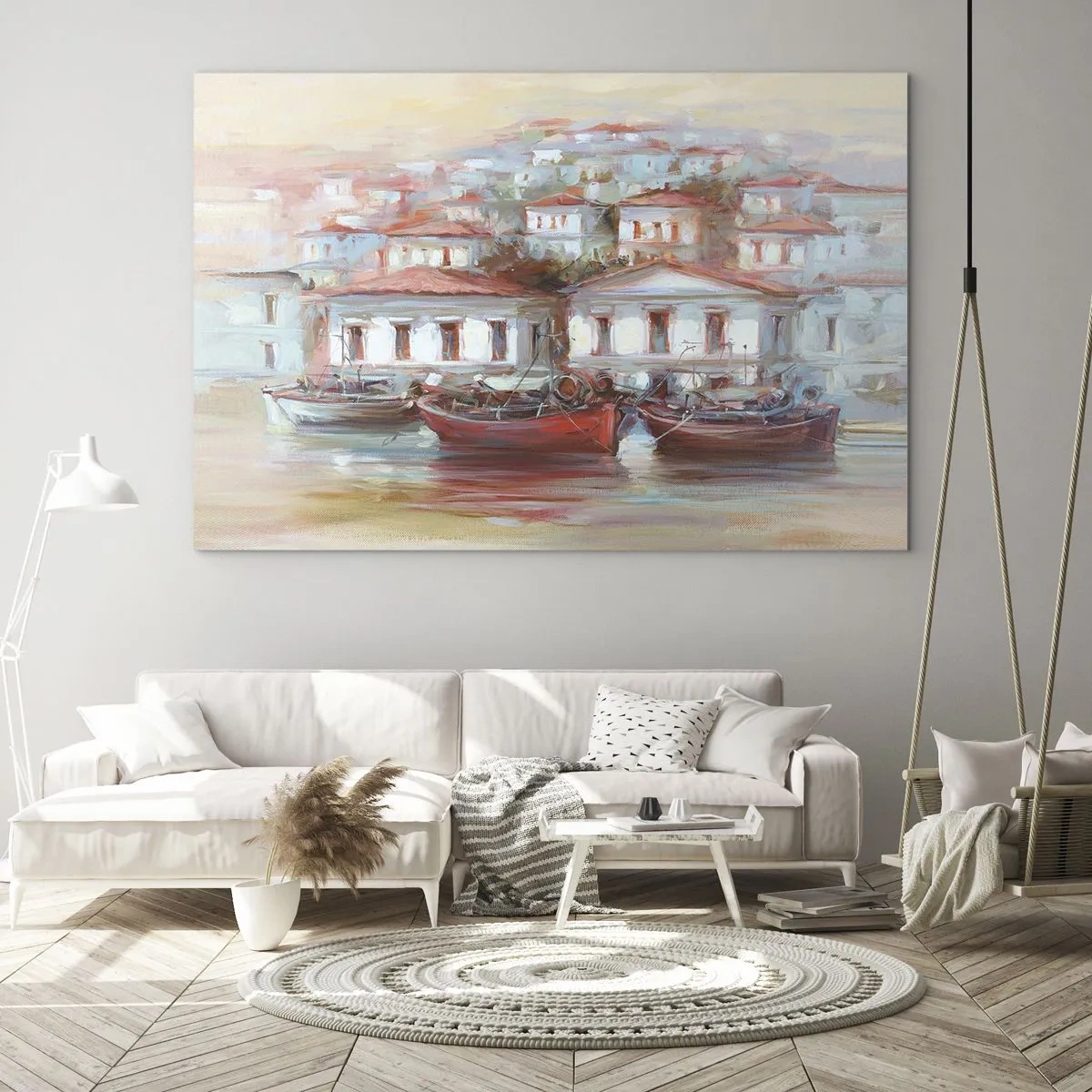 Impression sur verre - Image sur verre - Une ville pittoresque avec des bateaux dans le port au coucher du soleil - 70x50cm - Petite ville heureuse - Décoration murale moderne pour le salon et la chambre ARTTOR