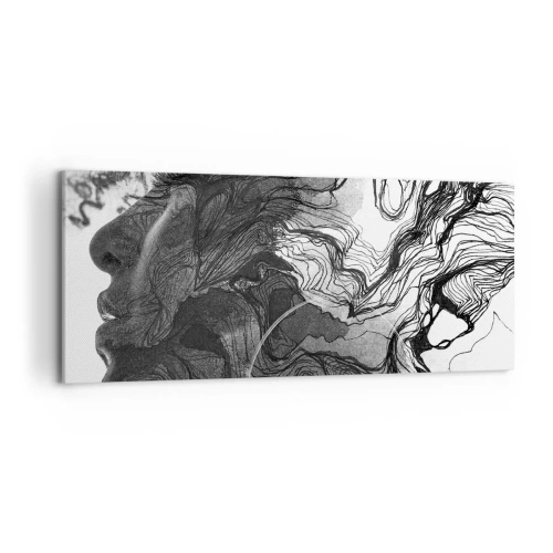 Impression sur toile - Image sur toile - Visage abstrait en noir et blanc avec des lignes dynamiques. - 120x50cm - Emmêlé dans les rêves - Décoration murale moderne pour le salon et la chambre ARTTOR