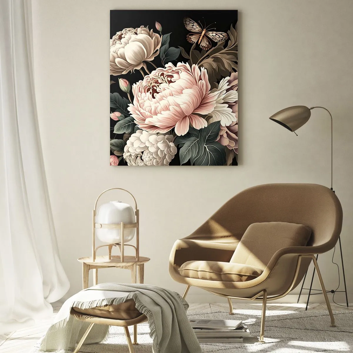 Impression sur verre - Image sur verre - Composition florale avec des papillons sur fond noir - 50x70cm - De style baroque - Décoration murale moderne pour le salon et la chambre ARTTOR