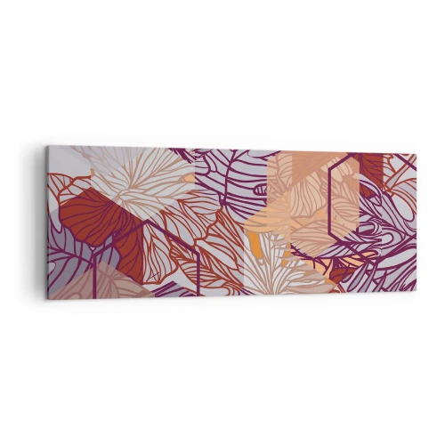 Impression sur toile - Image sur toile - Un motif décoratif de feuilles tropicales dans des tons de violet, d'orange et de beige. - 140x50cm - Relation impossible entre la géométrie et la nature - Décoration murale moderne pour le salon et la chambre ARTT
