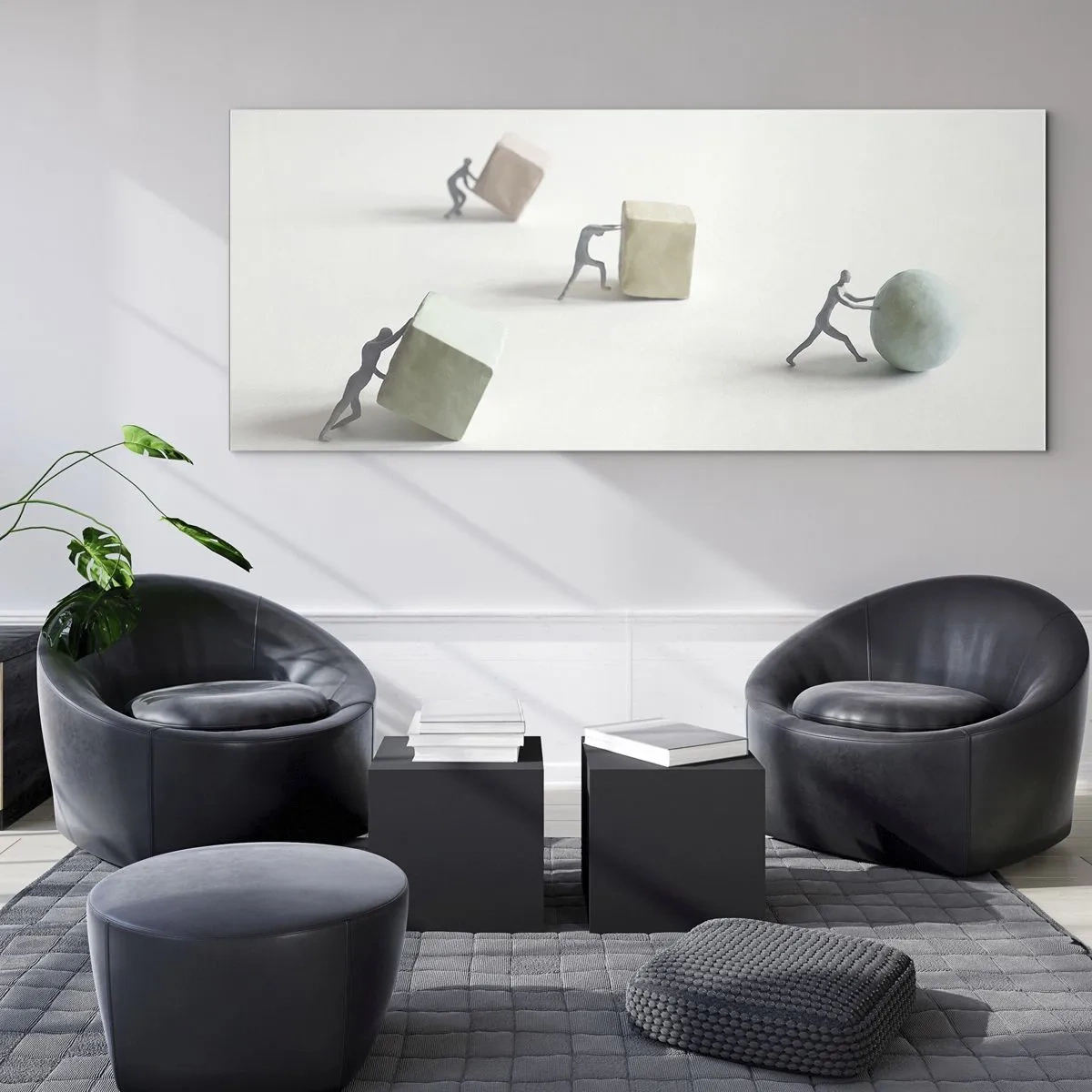 Impression sur verre - Image sur verre - Figurines miniatures poussant des formes sur un fond clair - 160x50cm - Rien que la vie - Décoration murale moderne pour le salon et la chambre ARTTOR