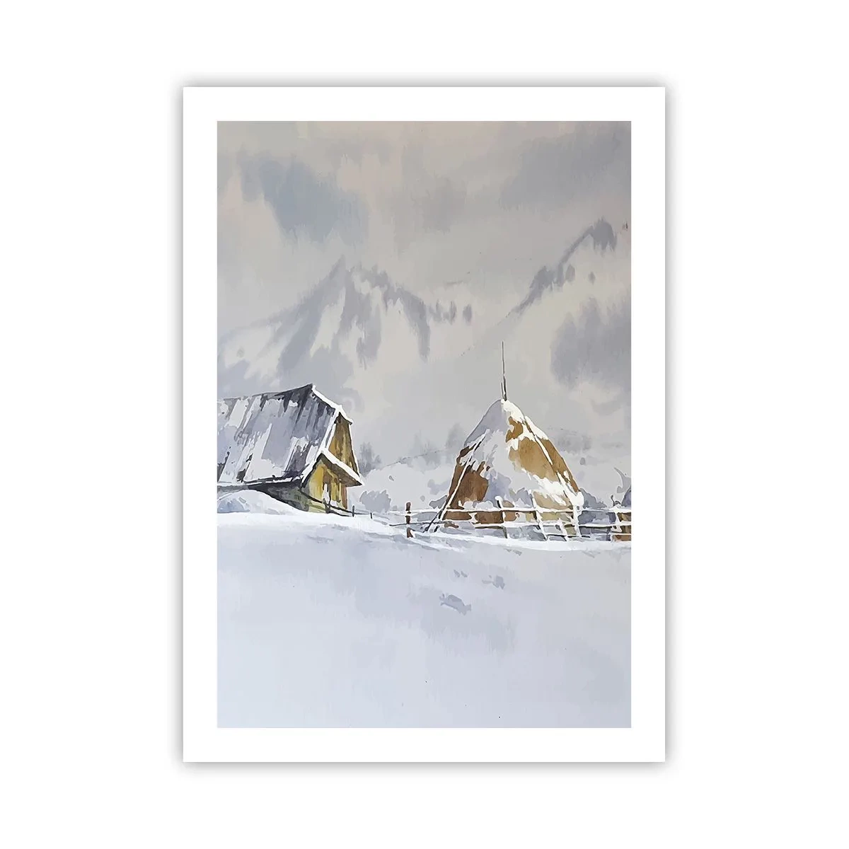 Affiche - Poster - Paysage d'hiver avec un chalet et une botte de foin dans les montagnes - 50x70cm - Dans une vallée enneigée - Décoration murale moderne pour le salon et la chambre ARTTOR