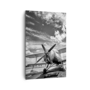 Impression sur toile - Image sur toile - Un vieil avion à l'aéroport en noir et blanc - 80x120cm - Je suis impatient! - Décoration murale moderne pour le salon et la chambre ARTTOR