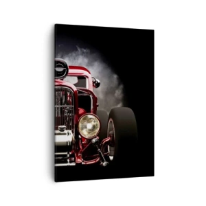 Impression sur toile - Image sur toile - Voiture de course classique rouge sur fond sombre - 50x70cm - Rapide et furieusement beau - Décoration murale moderne pour le salon et la chambre ARTTOR