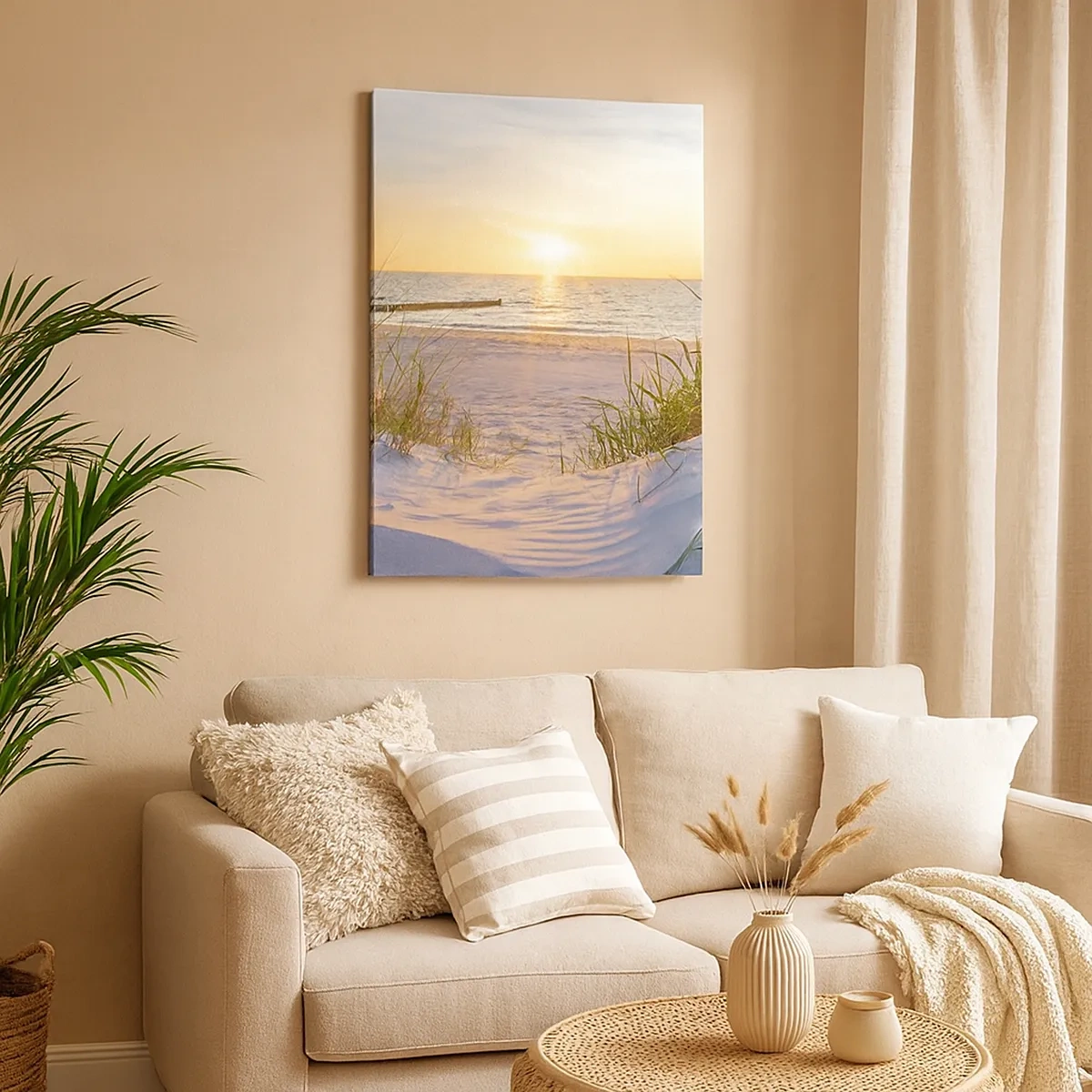Impression sur toile - Image sur toile - Une plage de sable avec vue sur le coucher de soleil sur la mer - 50x70cm - Le bruit de la mer, le chant des oiseaux, une plage sauvage parmi les herbes… - Décoration murale moderne pour le salon et la chambre ARTT