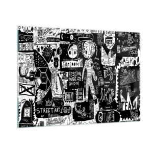Impression sur verre - Image sur verre - Graphiques de style street art en noir et blanc avec personnages et symboles - 100x70cm - Jeunesse spirituelle de loi et de joie - Décoration murale moderne pour le salon et la chambre ARTTOR