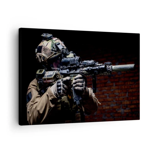 Impression sur toile - Image sur toile - Un soldat en équipement complet avec un fusil - 70x50cm - Meurtrier efficace - Décoration murale moderne pour le salon et la chambre ARTTOR