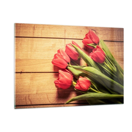 Impression sur verre - Image sur verre - Tulipes rouges sur une planche de bois - 120x80cm - Défi du printemps - Décoration murale moderne pour le salon et la chambre ARTTOR