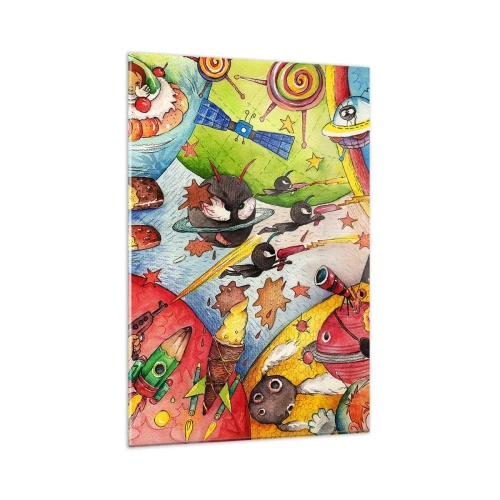 Impression sur verre - Image sur verre - Une scène spatiale colorée pleine d'enfants et de vaisseaux spatiaux - 80x120cm - Grande aventure spatiale - Décoration murale moderne pour le salon et la chambre ARTTOR