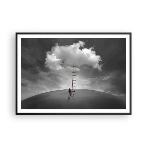 Affiche dans un cadre noir - Poster - Une personne portant un manteau rouge et une échelle menant à un nuage - 100x70cm - Tout est possible - Décoration murale moderne pour le salon et la chambre ARTTOR