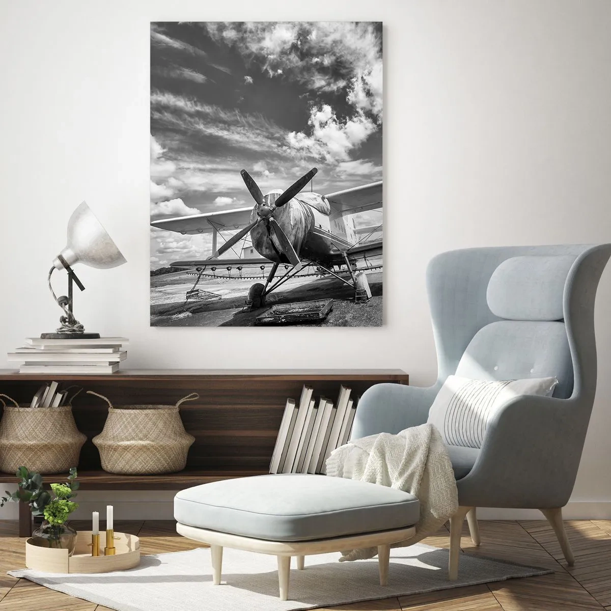 Impression sur verre - Image sur verre - Photographie en noir et blanc d'un biplan classique - 50x70cm - Je suis impatient! - Décoration murale moderne pour le salon et la chambre ARTTOR