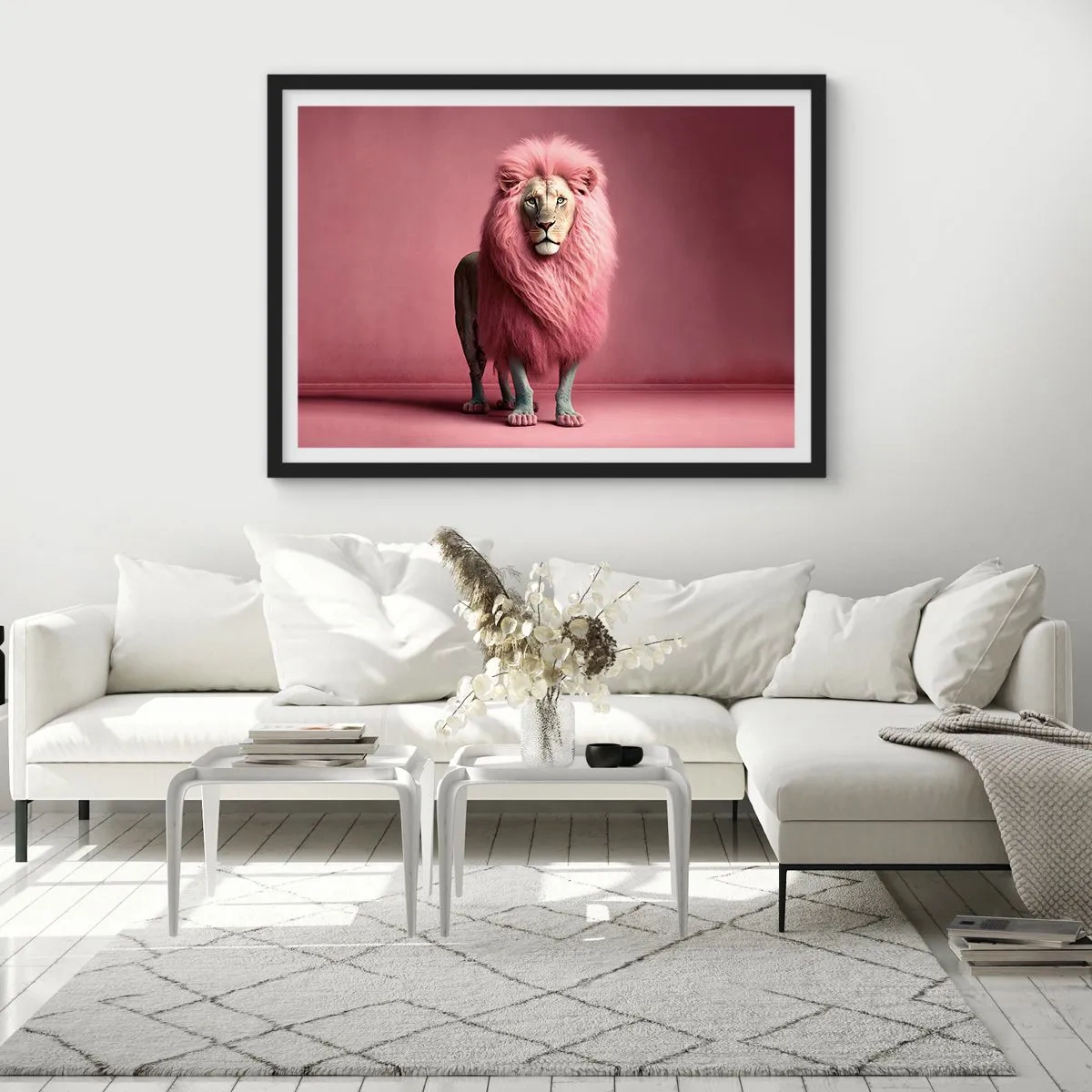 Affiche dans un cadre noir - Poster - Un lion rendu artistiquement avec une crinière rose sur un fond rose - 70x50cm - Et tu n'as plus peur - Décoration murale moderne pour le salon et la chambre ARTTOR