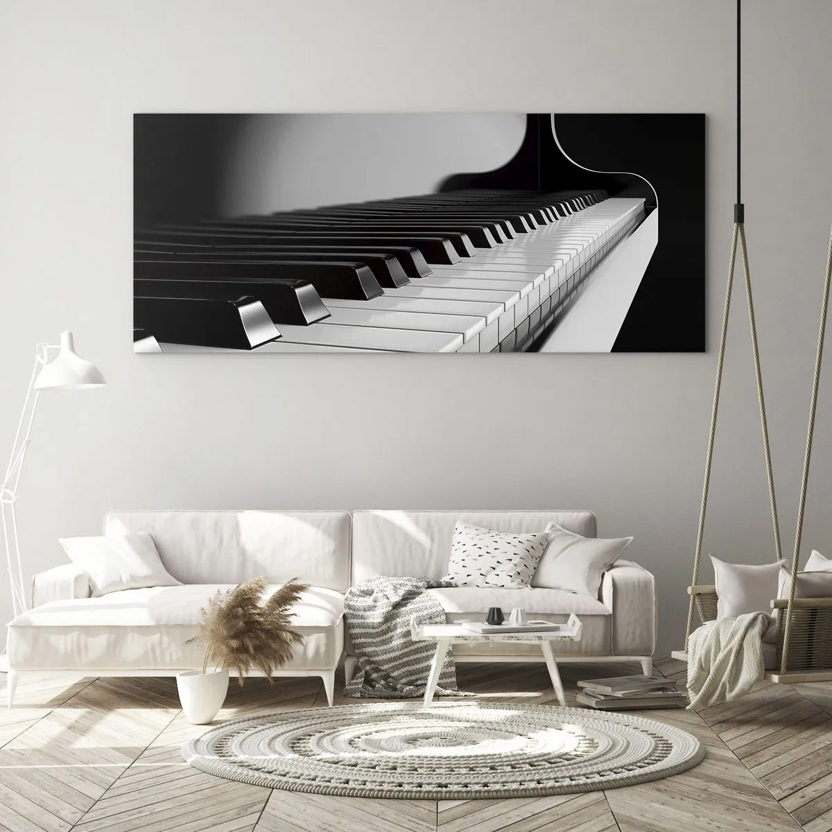 Impression sur verre - Image sur verre - Touches de piano dans une élégante photo en noir et blanc - 160x50cm - Harmonie des formes et des couleurs - Décoration murale moderne pour le salon et la chambre ARTTOR