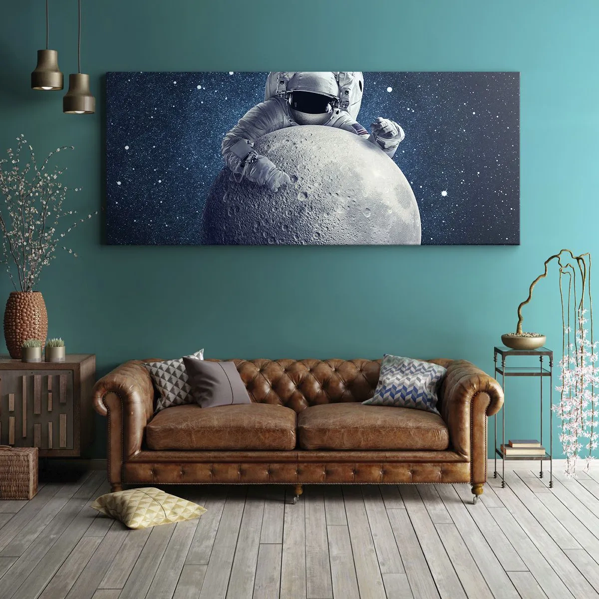 Impression sur toile - Image sur toile - Astronaute tenant la lune dans un ciel étoilé - 120x50cm - Comique de l'espace - Décoration murale moderne pour le salon et la chambre ARTTOR