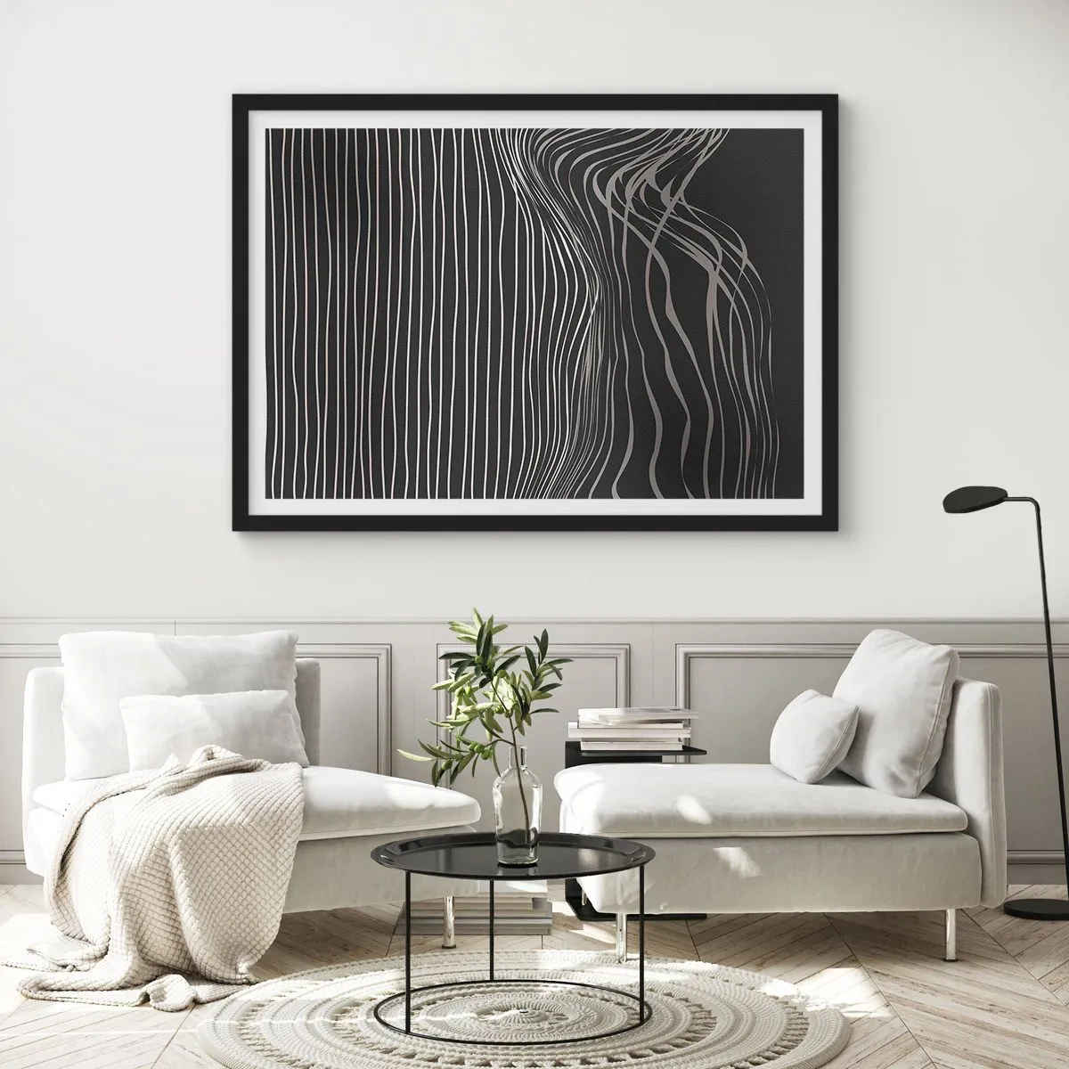 Affiche dans un cadre noir - Poster - Lignes blanches sur fond gris foncé dans un arrangement abstrait - 70x50cm - Rythme et accent - Décoration murale moderne pour le salon et la chambre ARTTOR