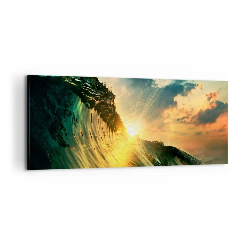 Impression sur toile - Image sur toile - Une vague avec le soleil couchant et les nuages illuminés - 120x50cm - Surfeur, où es-tu ? - Décoration murale moderne pour le salon et la chambre ARTTOR