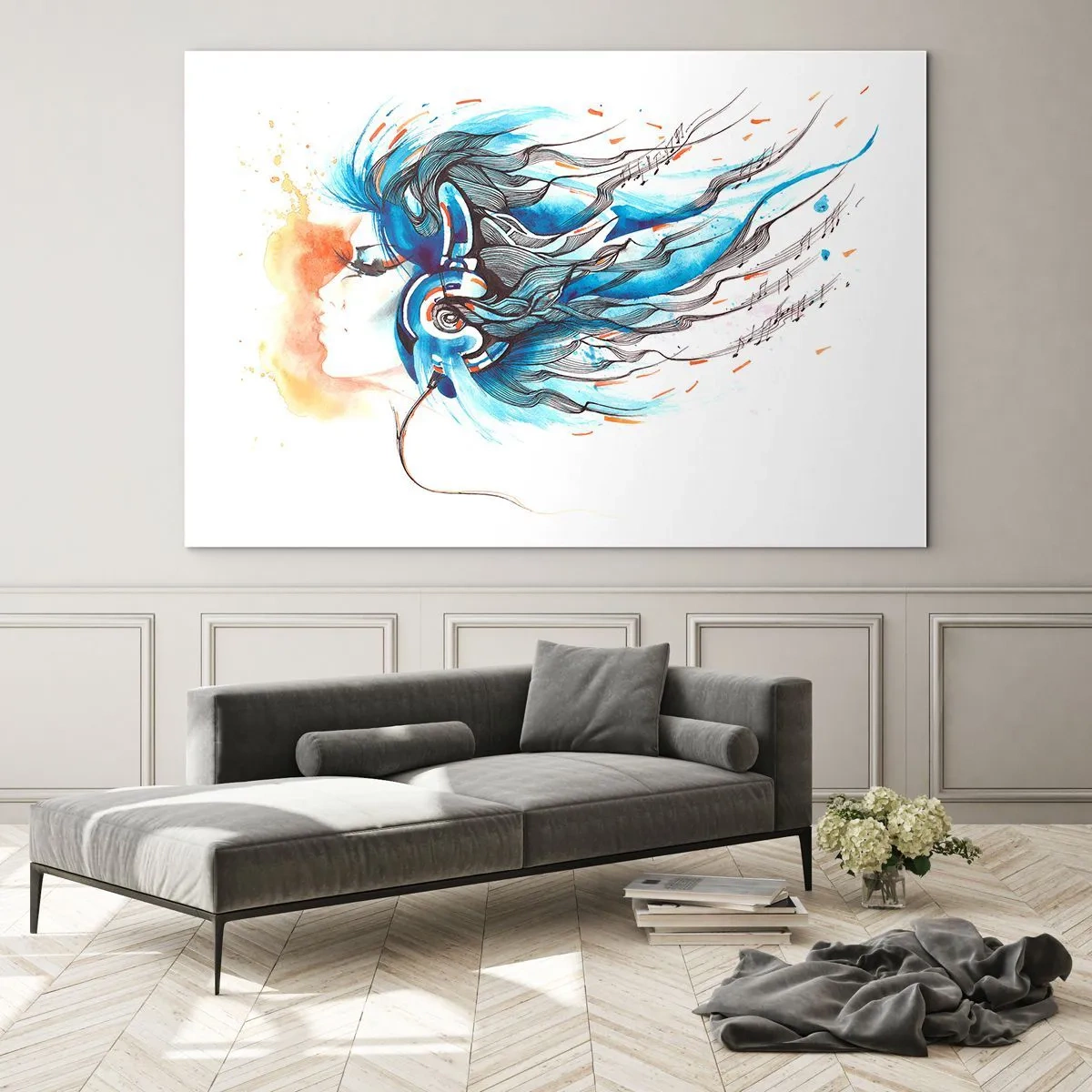Impression sur verre - Image sur verre - Une femme aux cheveux bleus et portant un casque, dans une expression musicale - 100x70cm - Que la musique joue - Décoration murale moderne pour le salon et la chambre ARTTOR