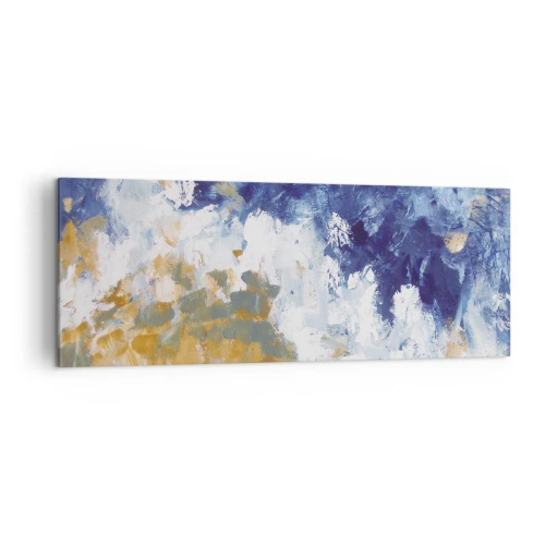 Impression sur toile - Image sur toile - Abstraction dans les tons de bleu, blanc et or - 140x50cm - Danse des éléments - Décoration murale moderne pour le salon et la chambre ARTTOR