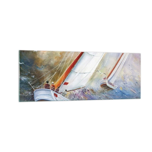 Impression sur verre - Image sur verre - Voiliers sur des vagues agitées dans une composition dynamique - 140x50cm - Concourir sur les vagues - Décoration murale moderne pour le salon et la chambre ARTTOR