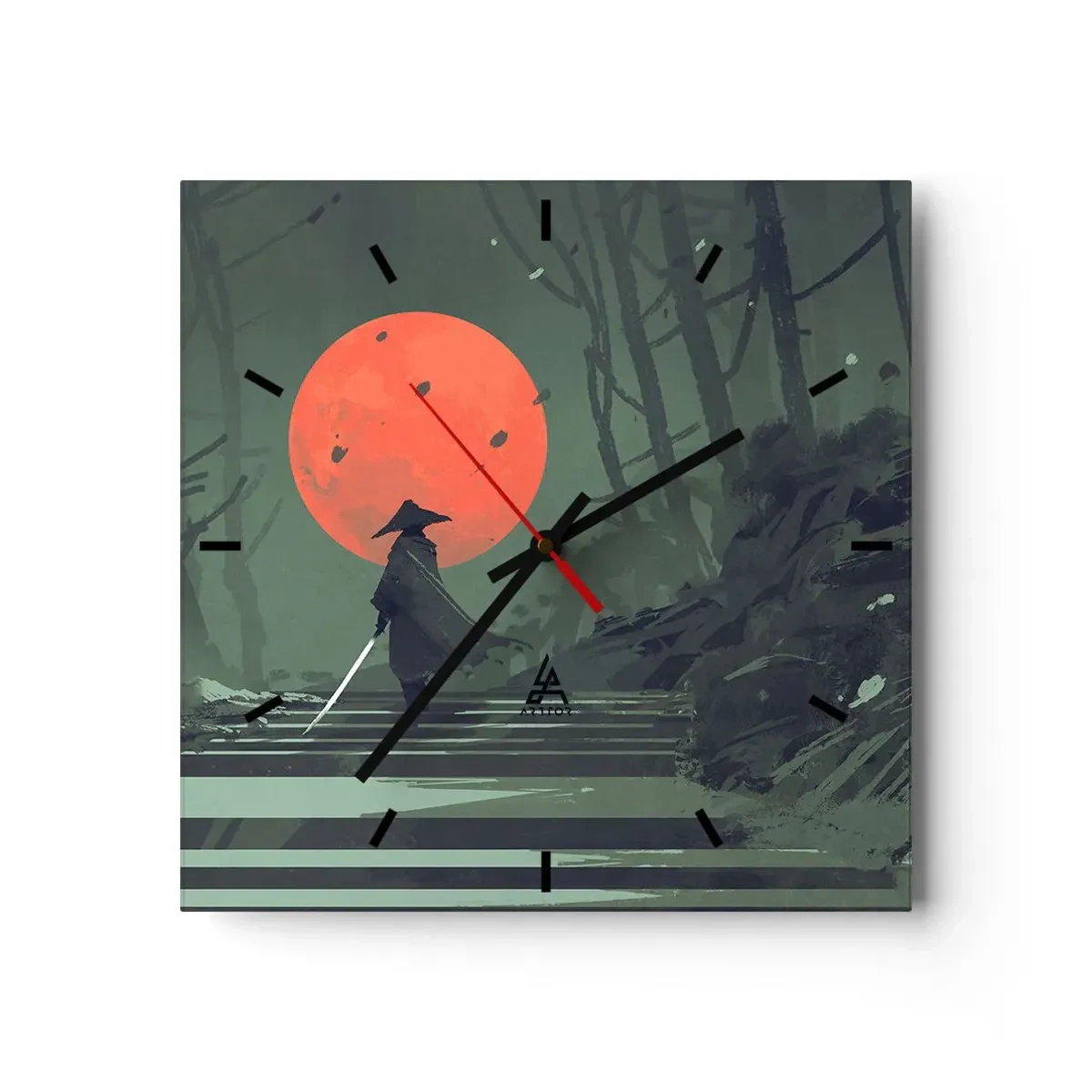Horloge murale - Pendule murale - Un guerrier solitaire avec une épée sur fond de lune rouge dans une forêt sombre. - 30x30cm - Guerrier de la lune rouge - Décoration murale moderne pour le salon et la chambre ARTTOR