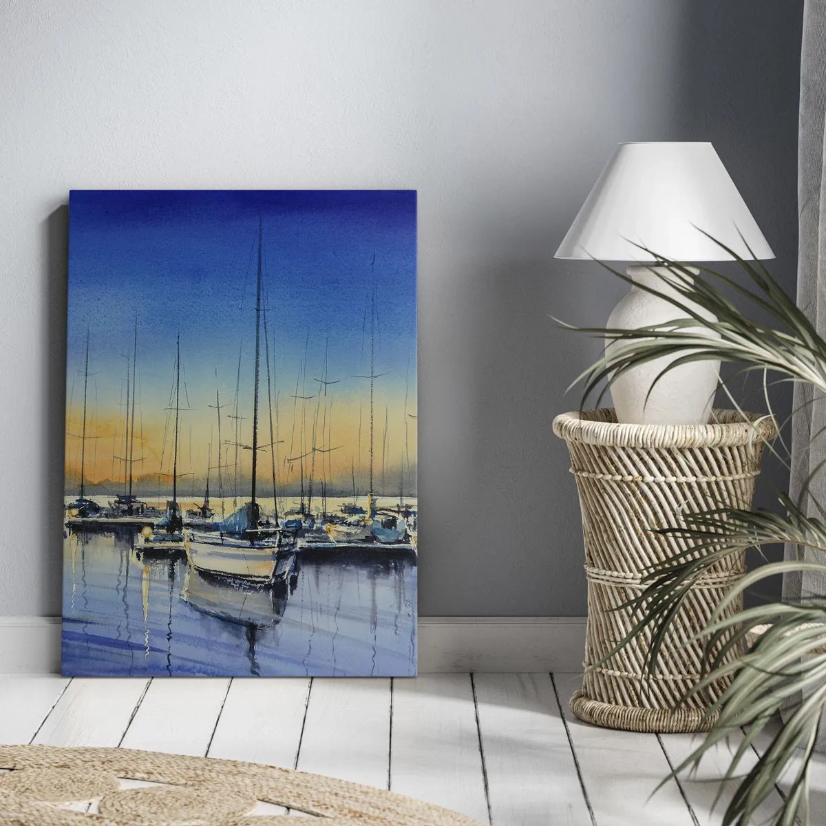 Impression sur toile - Image sur toile - Port de plaisance au coucher du soleil avec reflets sur l'eau - 80x120cm - Fin d'une belle journée - Décoration murale moderne pour le salon et la chambre ARTTOR