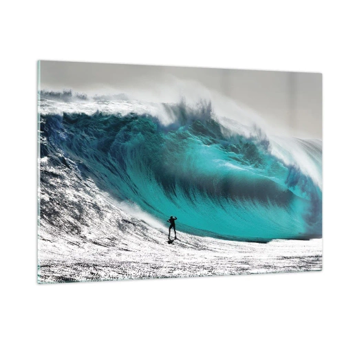 Impression sur verre - Image sur verre - Un surfeur devant une énorme vague - 120x80cm - Challenge accepté - Décoration murale moderne pour le salon et la chambre ARTTOR