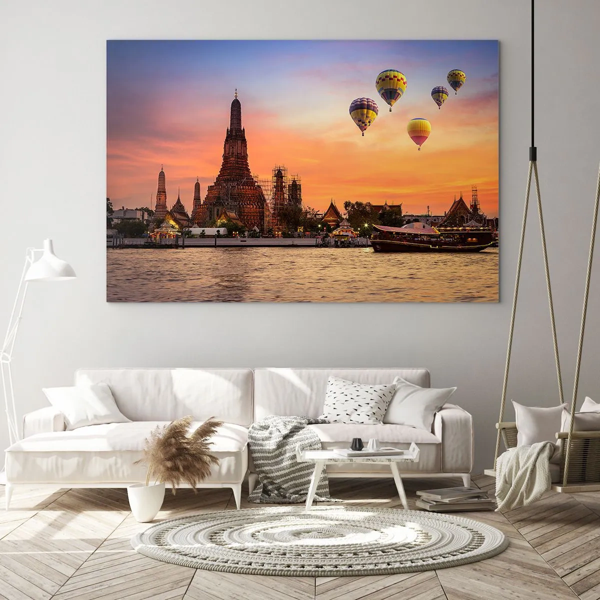 Impression sur verre - Image sur verre - Temple au bord de la rivière au coucher du soleil avec des ballons - 100x70cm - C'est ici que naissent les contes de fées - Décoration murale moderne pour le salon et la chambre ARTTOR