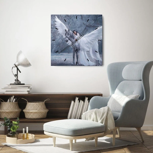Horloge murale - Pendule murale - Une femme sur un cheval blanc avec des ailes dans une forêt magique - 30x30cm - Un moment inspiré - Décoration murale moderne pour le salon et la chambre ARTTOR