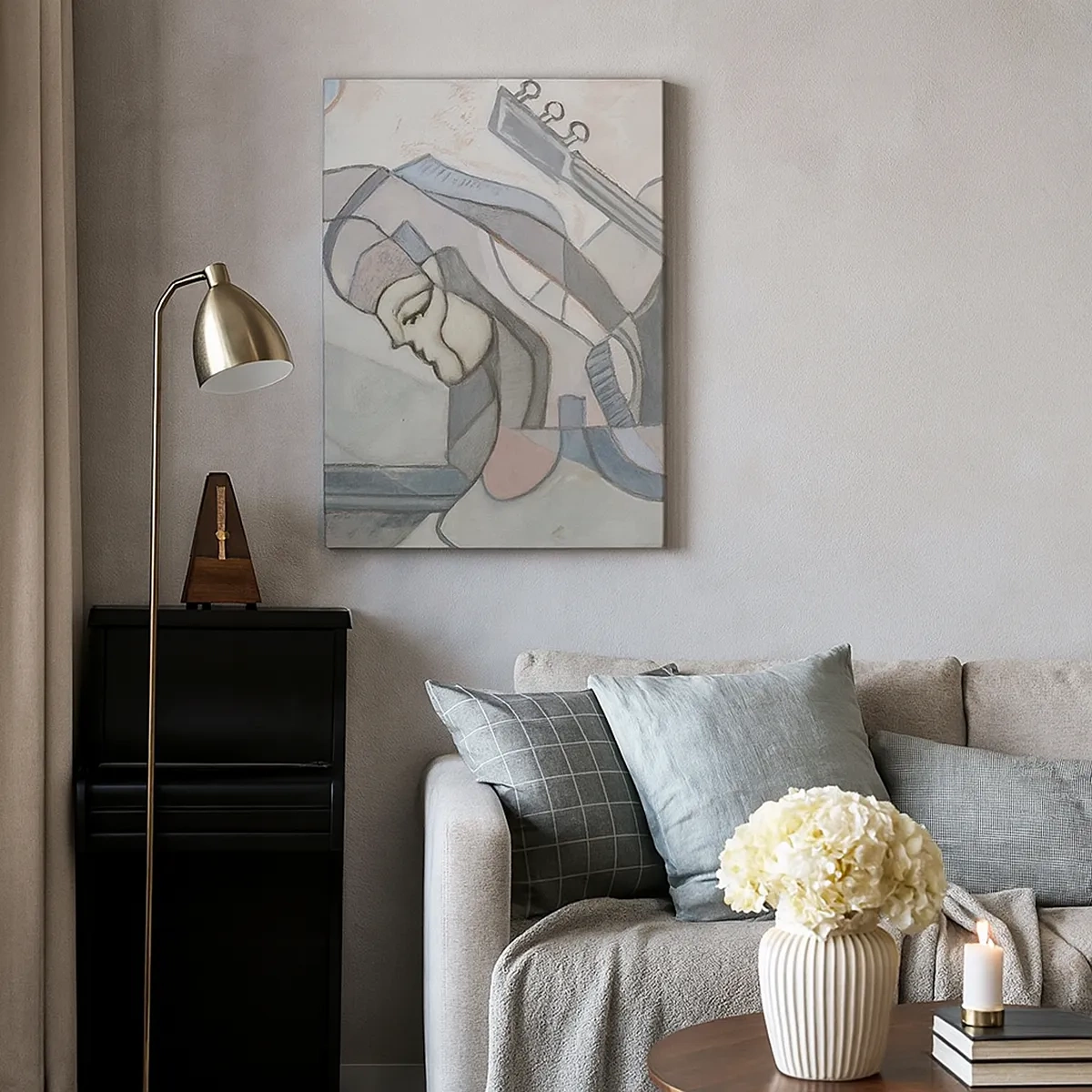 Impression sur toile - Image sur toile - Une figure abstraite avec une guitare aux couleurs pastel. - 50x70cm - Au pouvoir de la musique - Décoration murale moderne pour le salon et la chambre ARTTOR