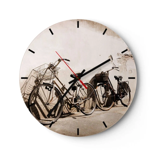 Horloge murale - Pendule murale - Vélos de style rétro contre un mur - 30x30cm - Le charme inoubliable du passé - Décoration murale moderne pour le salon, la cuisine et la chambre ARTTOR