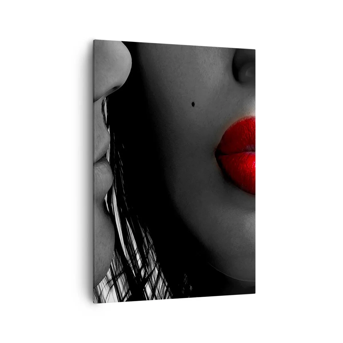 Impression sur toile - Image sur toile - Gros plan des visages d'une femme et d'un homme aux lèvres rouges. - 70x100cm - Face à face - Décoration murale moderne pour le salon et la chambre ARTTOR
