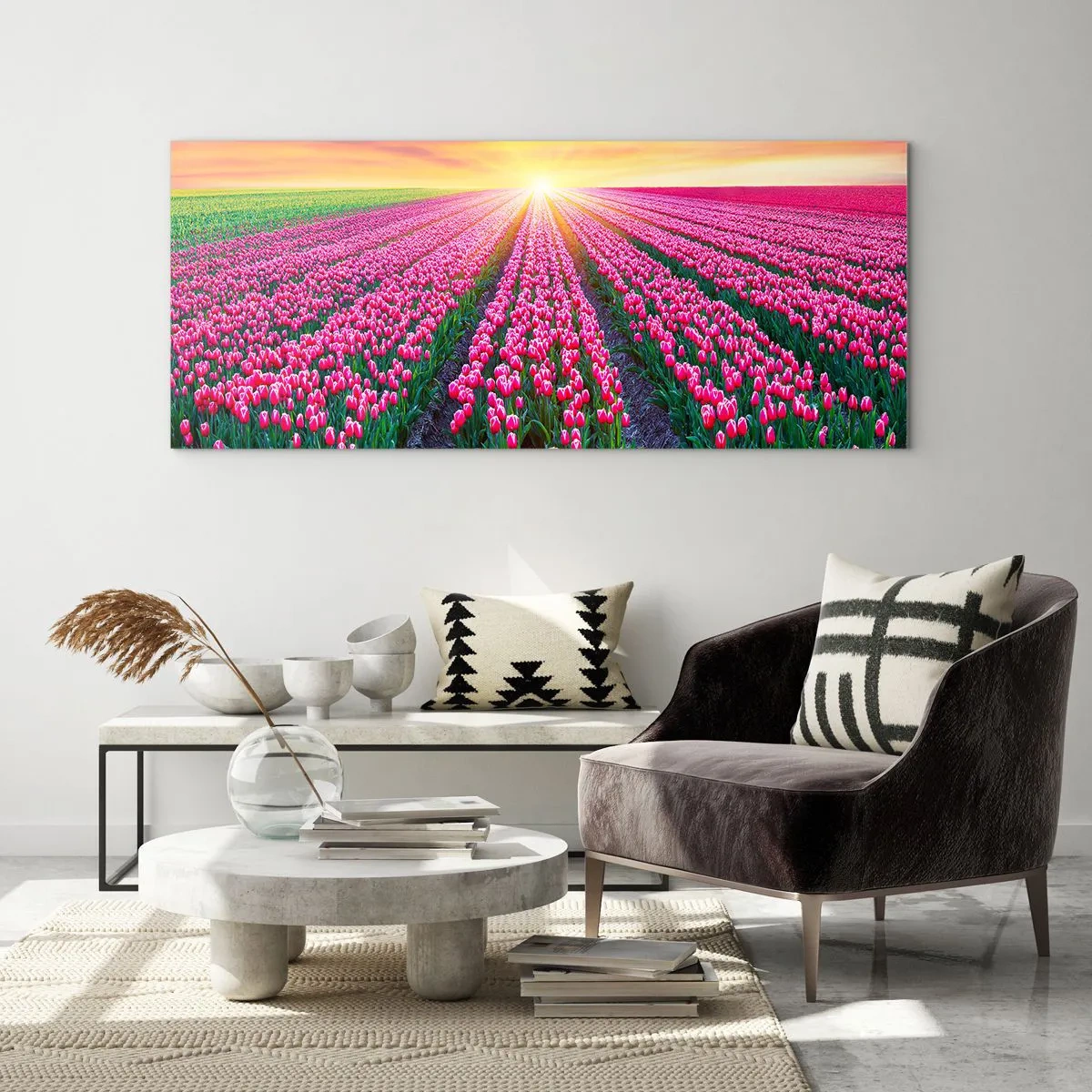 Impression sur verre - Image sur verre - Un champ de tulipes au coucher du soleil - 160x50cm - Ferme de la beauté - Décoration murale moderne pour le salon et la chambre ARTTOR