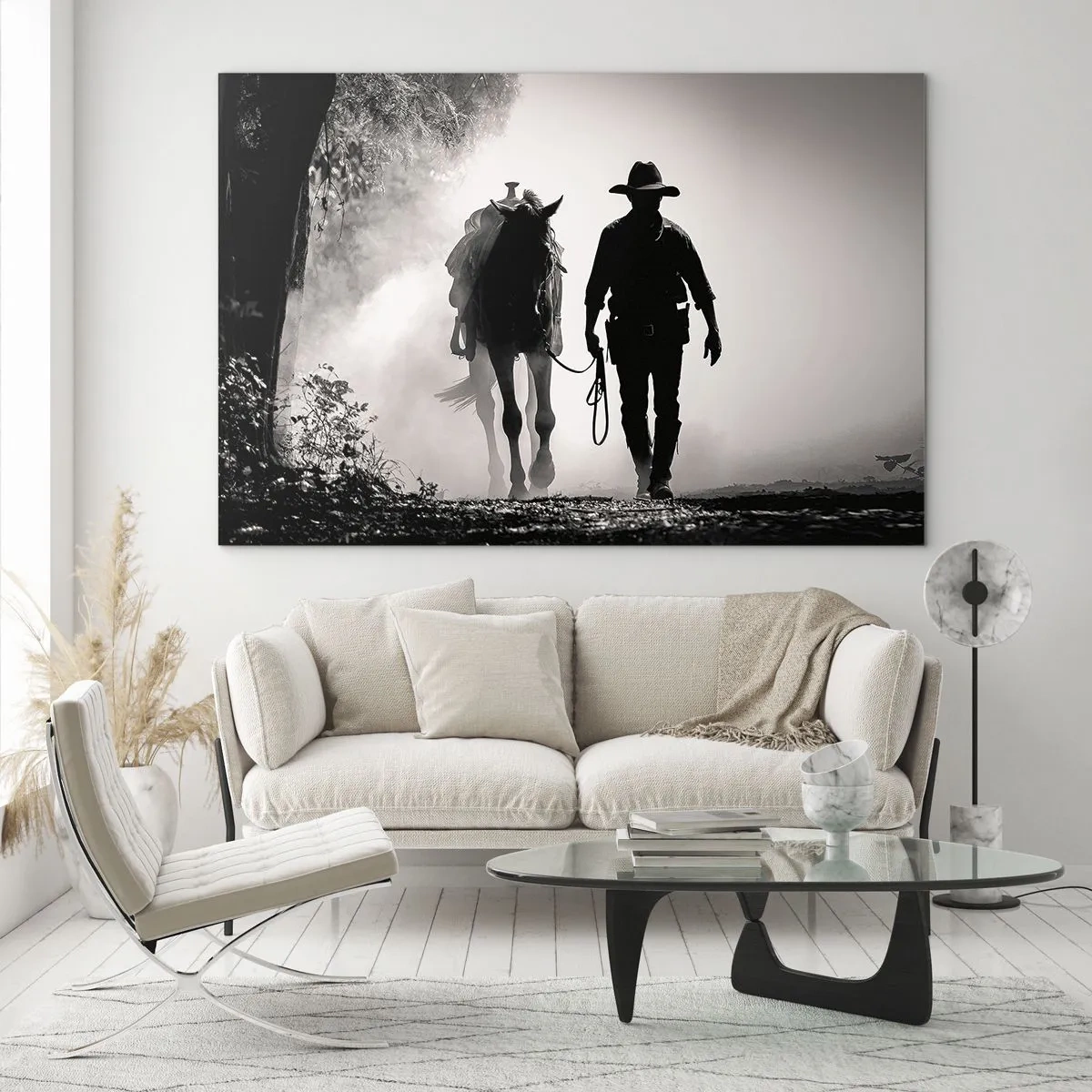 Impression sur verre - Image sur verre - Silhouette d'un cow-boy conduisant un cheval à travers un paysage brumeux - 100x70cm - Matinée texane - Décoration murale moderne pour le salon et la chambre ARTTOR