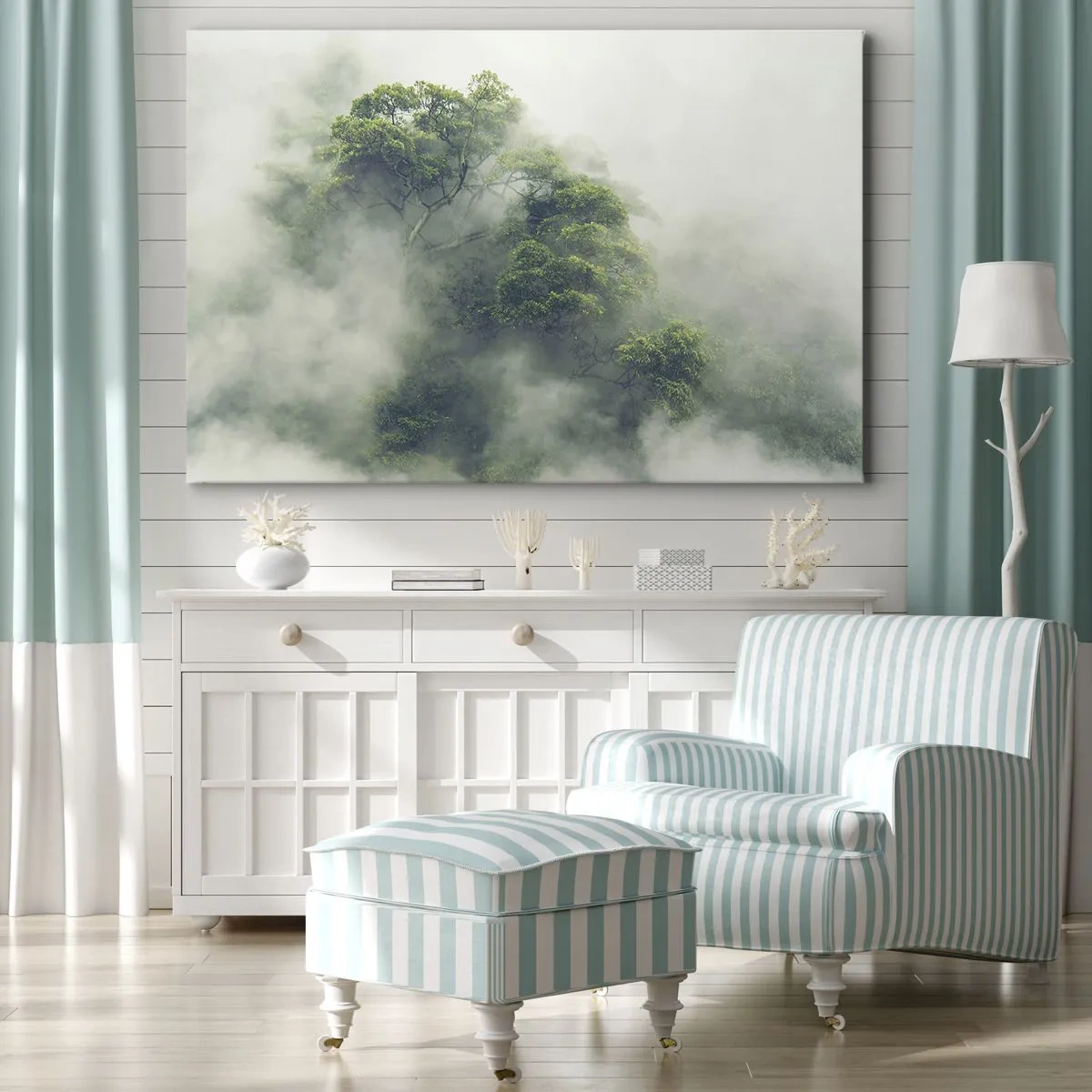 Impression sur toile - Image sur toile - Arbres verts dans un épais brouillard sur fond naturel - 70x50cm - Enveloppé de brouillard - Décoration murale moderne pour le salon et la chambre ARTTOR